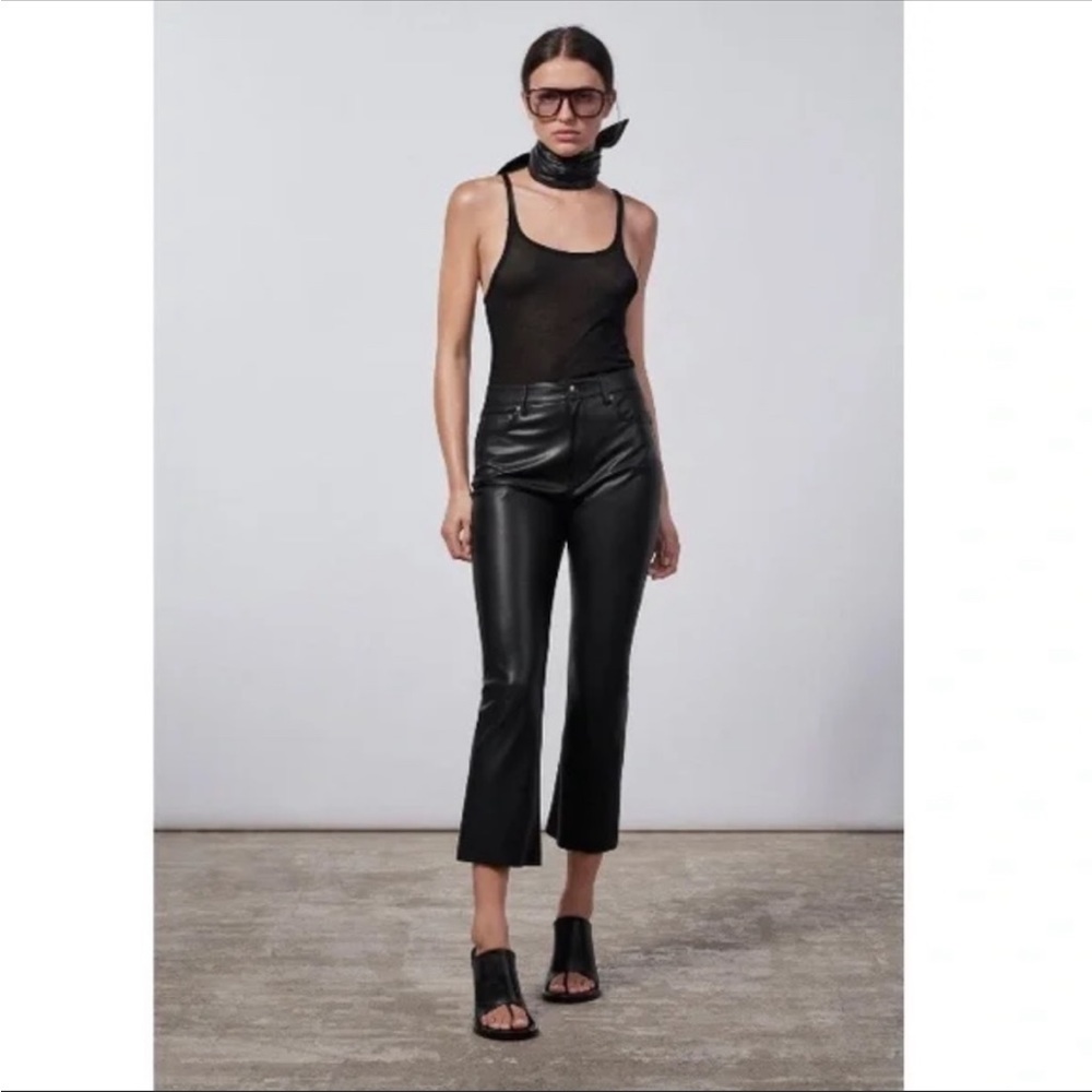 Zara Black Faux Leather Cropped Flare Pants Suede Lined Medium